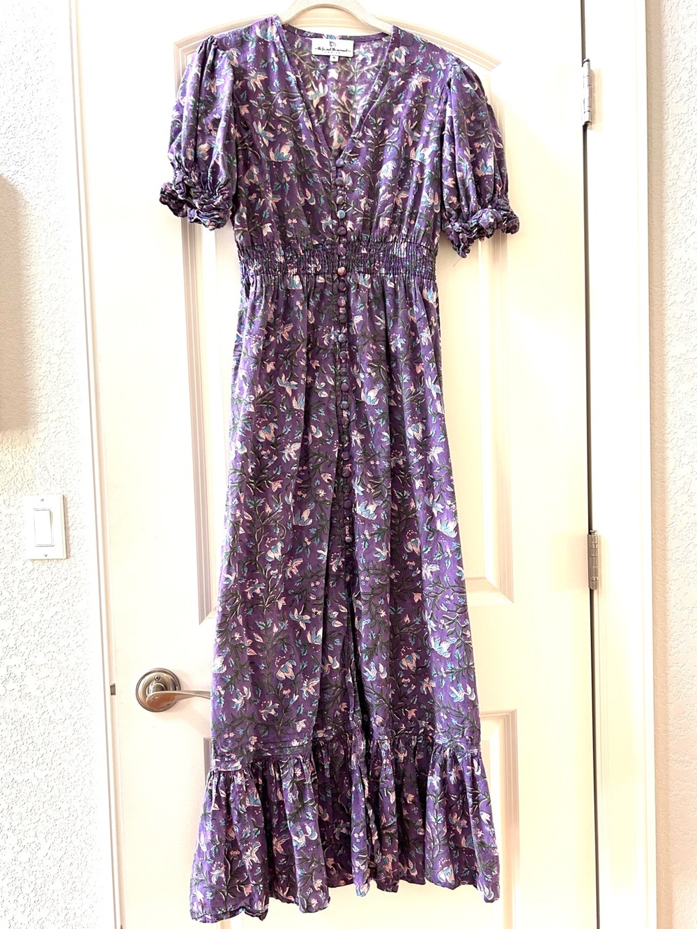 The Fox & The Mermaid Venice Floral Puff Sleeve Full Button Ruffle Maxi Dress. S